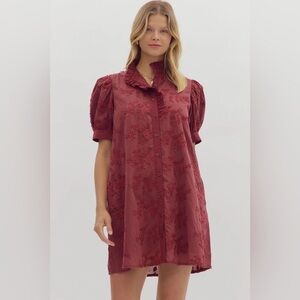Entro Burgundy Floral Applique Puff Sleeve Dress NWT Medium